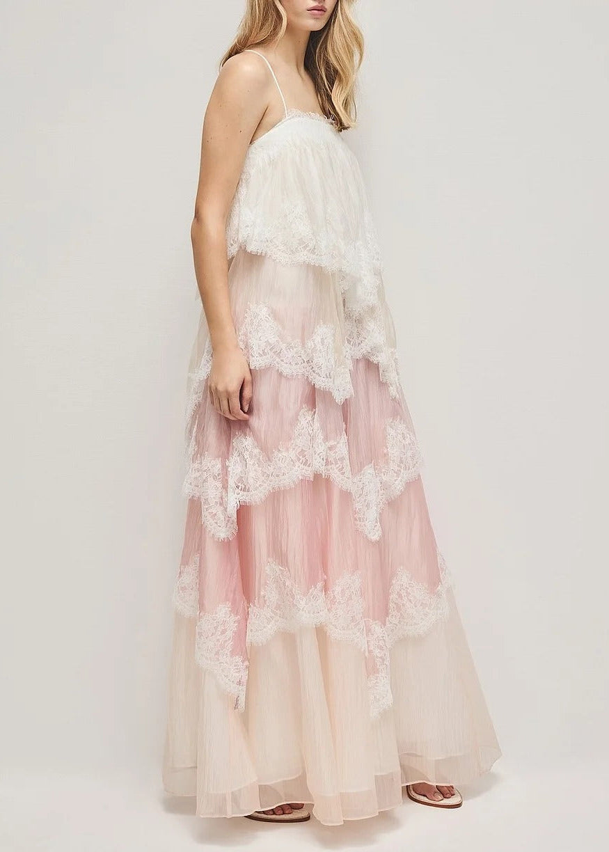 Elric Spaghetti Hayley Lace Maxi Tiered Dress Pink