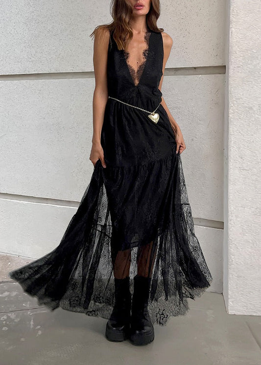 Imran Plunge Lace Maxi Dress In Black