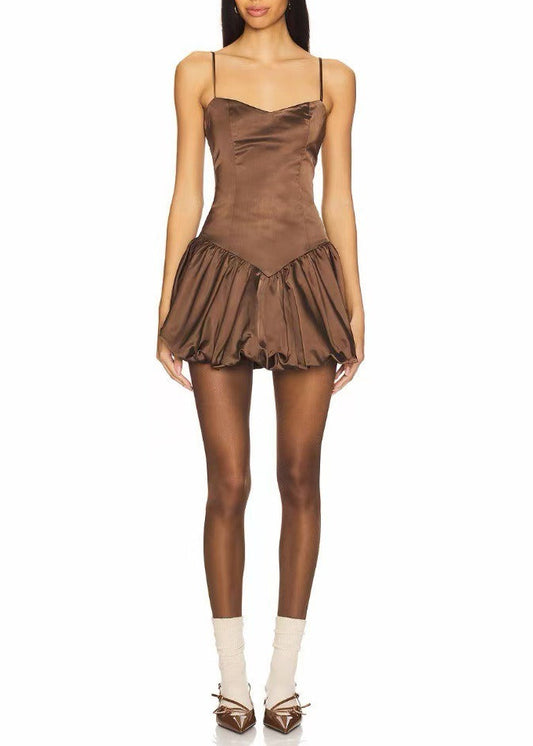 Debra Satin Bubble Mini Dress In Khaki