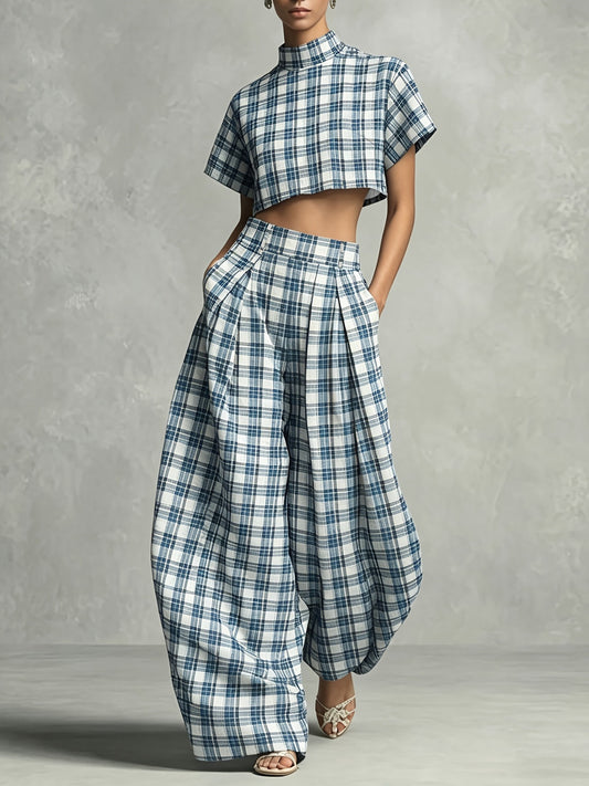 Herlequin Plaid Crop Baggy Pants Set
