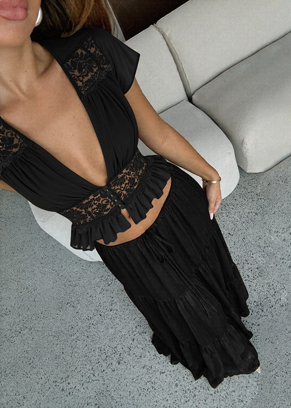 Flaviu Crop Lace Skirt Set In Black