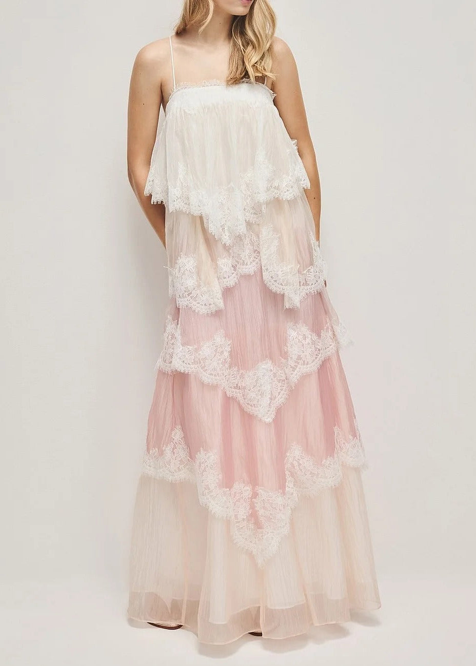 Elric Spaghetti Hayley Lace Maxi Tiered Dress Pink