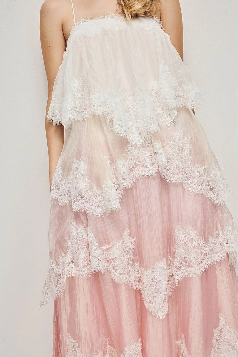 Elric Spaghetti Hayley Lace Maxi Tiered Dress Pink