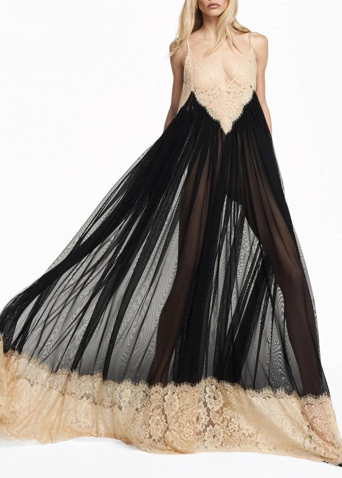 Izem Spaghetti Lace Mesh Maxi Dress