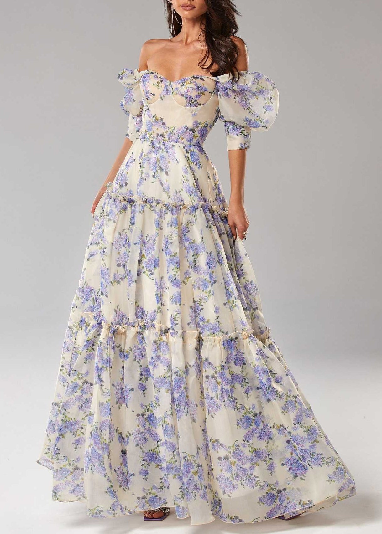 Ferdowsi Puff Sleeve Floral Maxi Dress In Purple