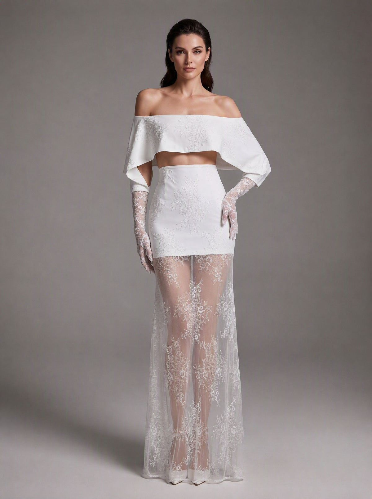 Kineks Off Shoulder Lace Skirt Set