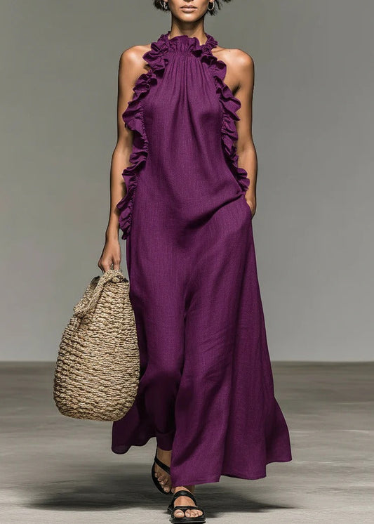 Inmaculada Halter Neck Ruffle Maxi Dress In Purple