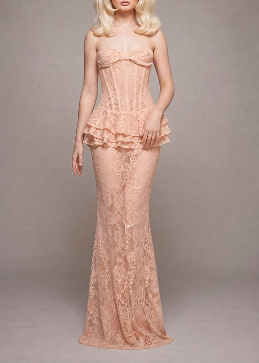 Kazuya Strapless Corset Lace Maxi Dress In Pink