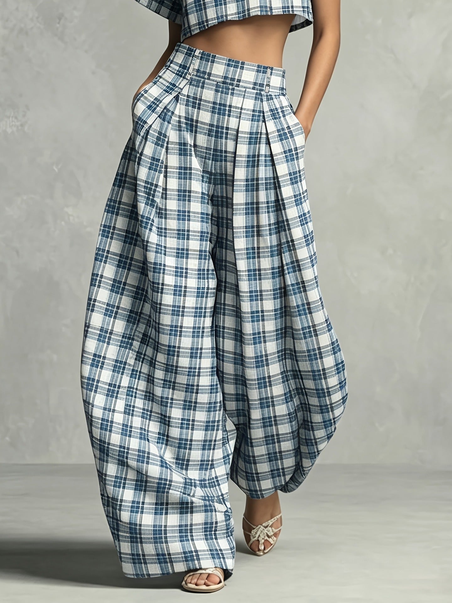 Herlequin Plaid Crop Baggy Pants Set