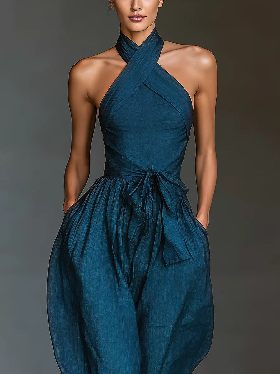 Kalare Halter Neck Tie Up Baggy Jumpsuit