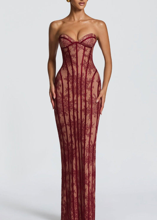 Haakon Strapless Lace Bodycon Maxi Dress In Red