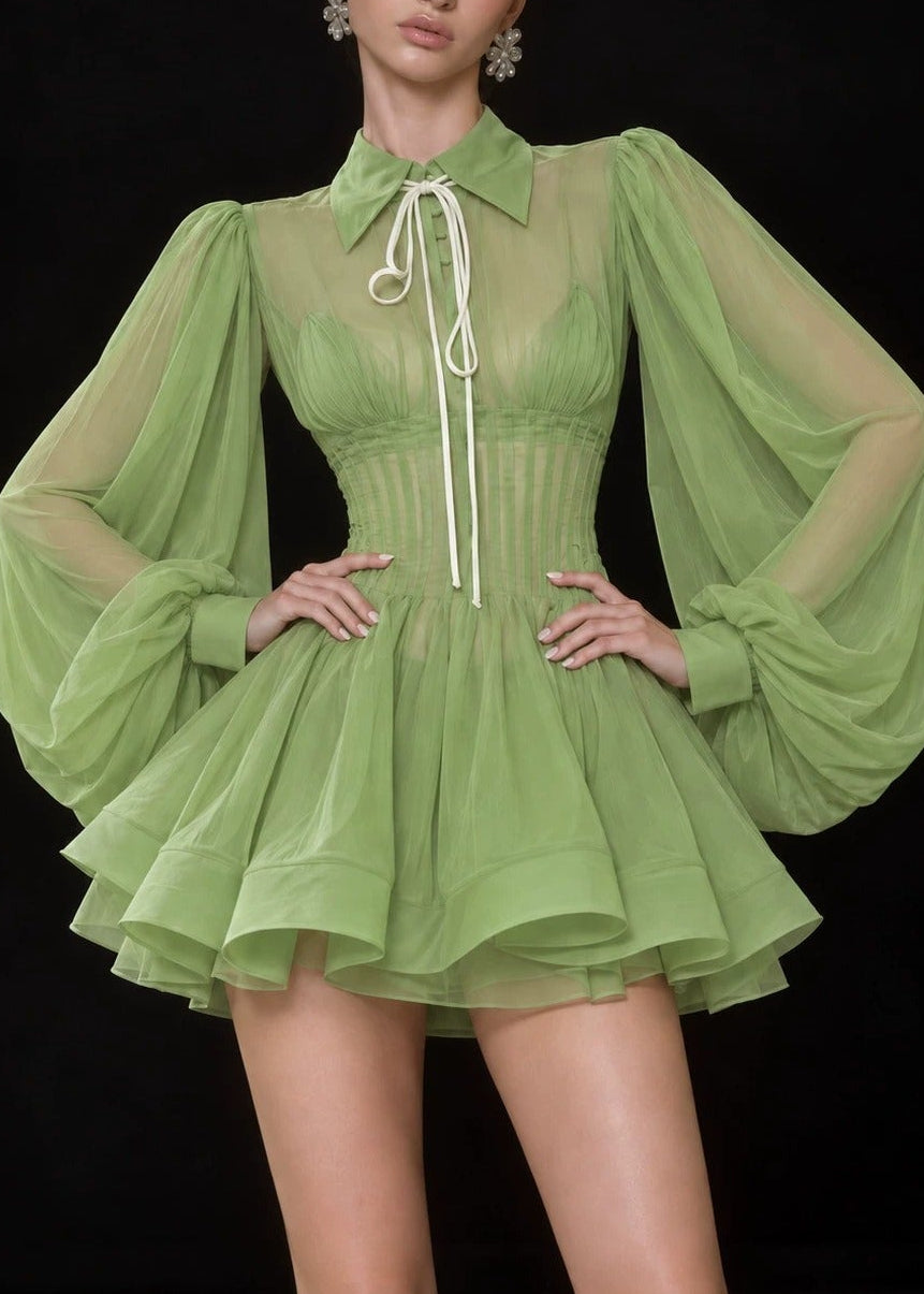 Dominic Balloon Sleeve Mesh Ruch Mini Dress