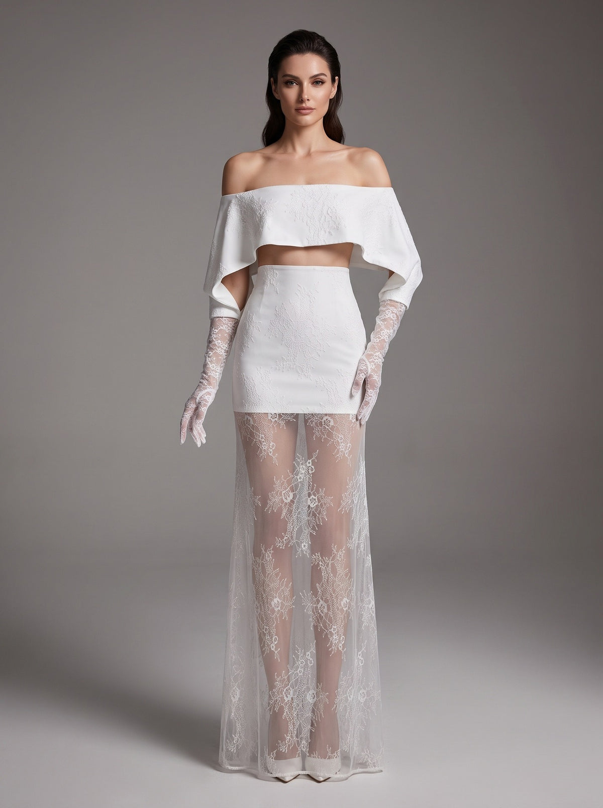 Kineks Off Shoulder Lace Skirt Set