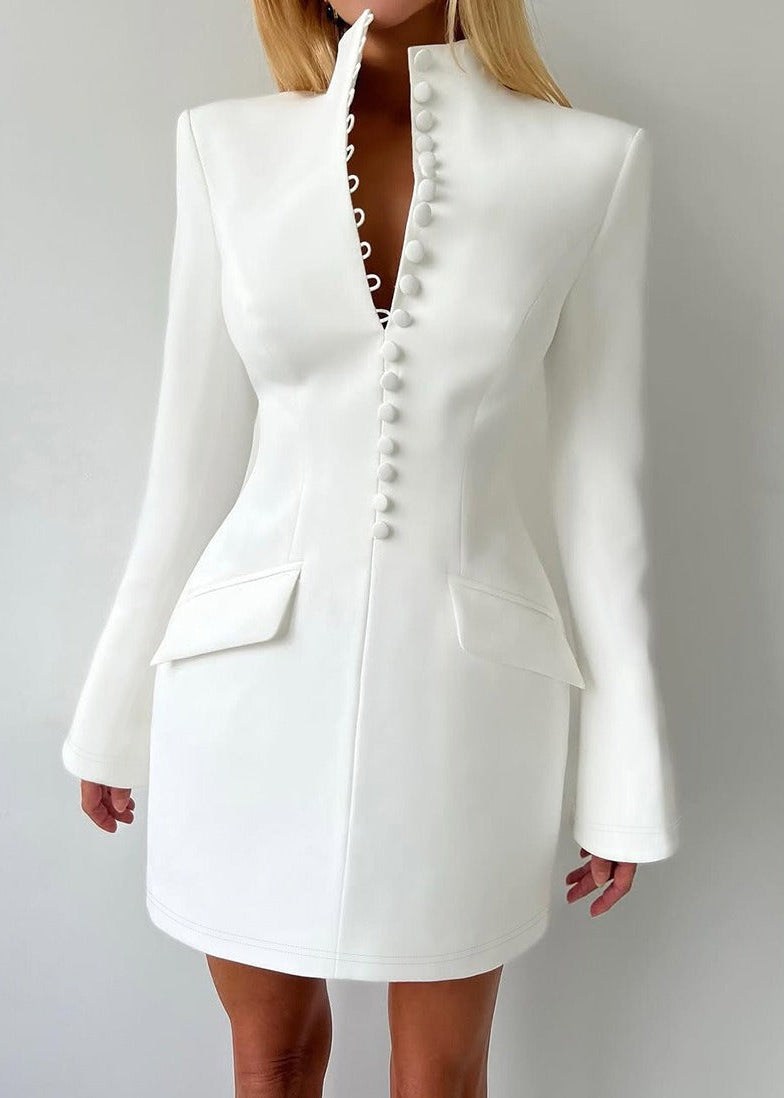 Erramun Long Sleeve Button Mini Dress In White