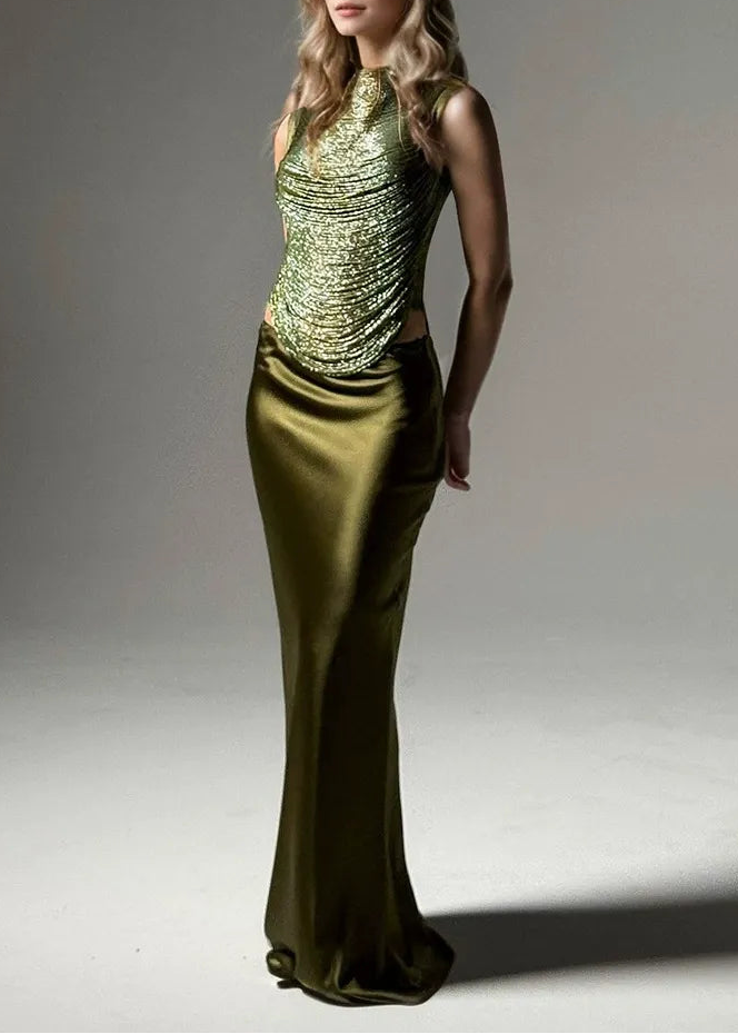 Fawzia Fringe Satin Skirt Set In Olive