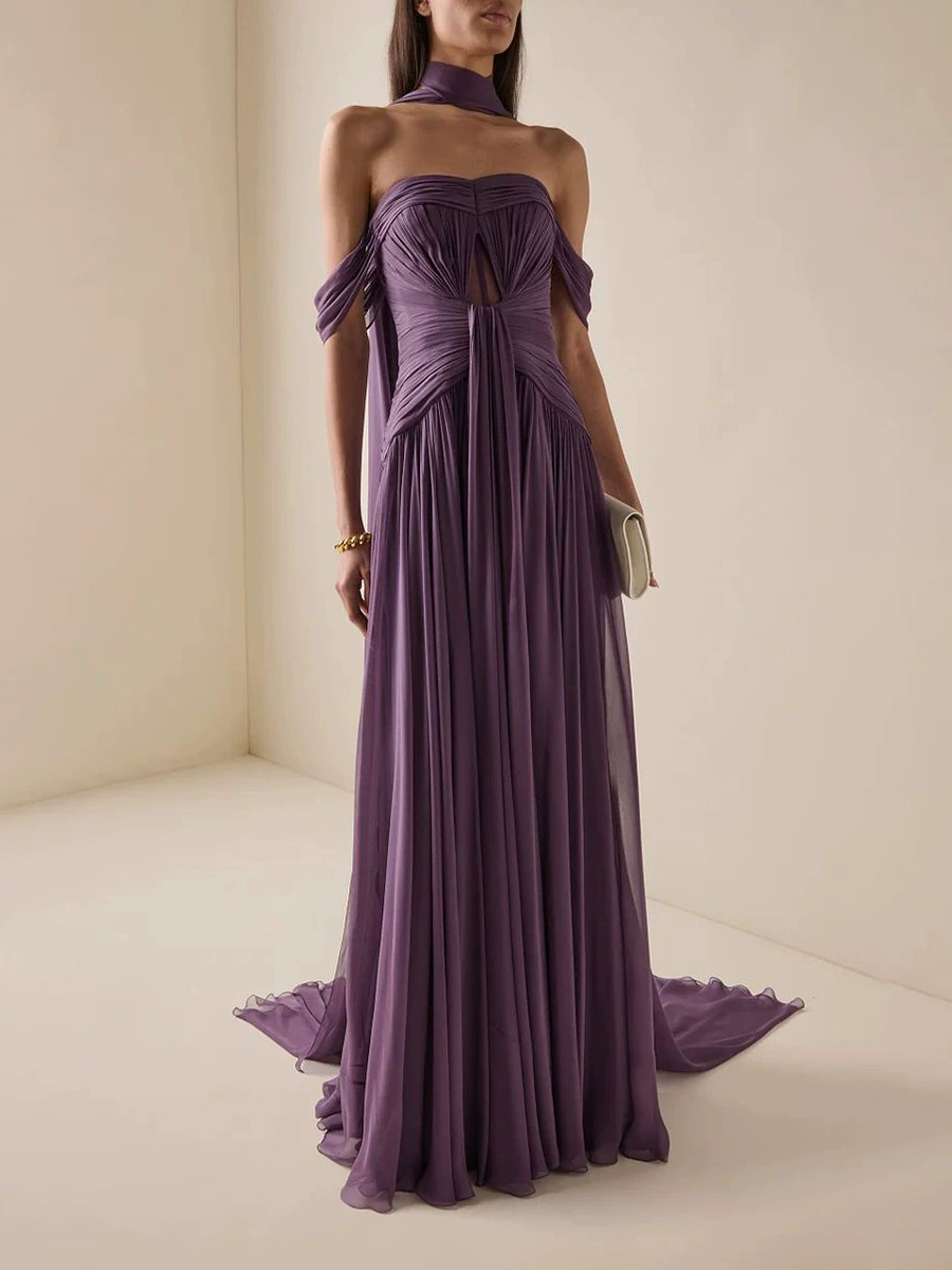 Famke Off Shoulder Ruch Scarf Maxi Dress In Purple