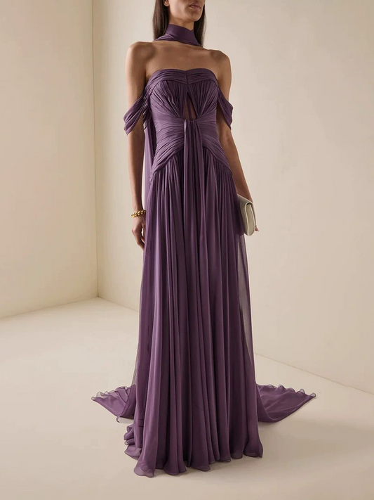Famke Off Shoulder Ruch Scarf Maxi Dress In Purple