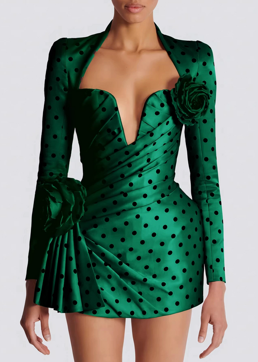 Bogusz Dot Flower Ruch Mini Dress In Green