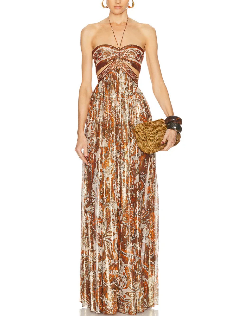 Fflur Halter Neck Paisley Cutout Maxi Dress