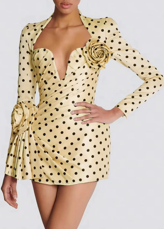 Bogusz  Dot Flower Ruch Mini Dress In Yellow