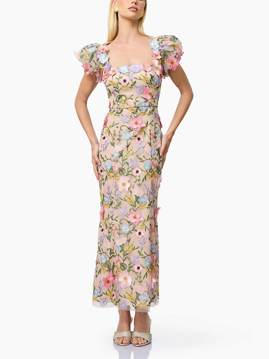 Kale Puff Sleeve Flower Maxi Dress