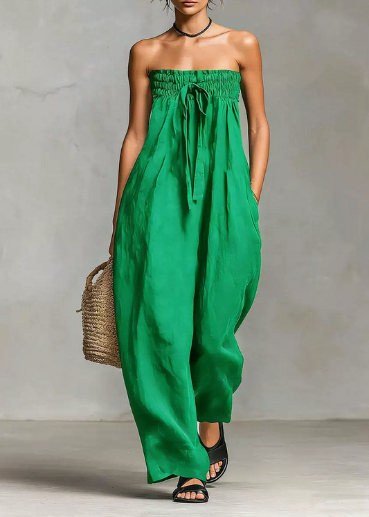 Floro Strapless Ruch Jumpsuit In Green