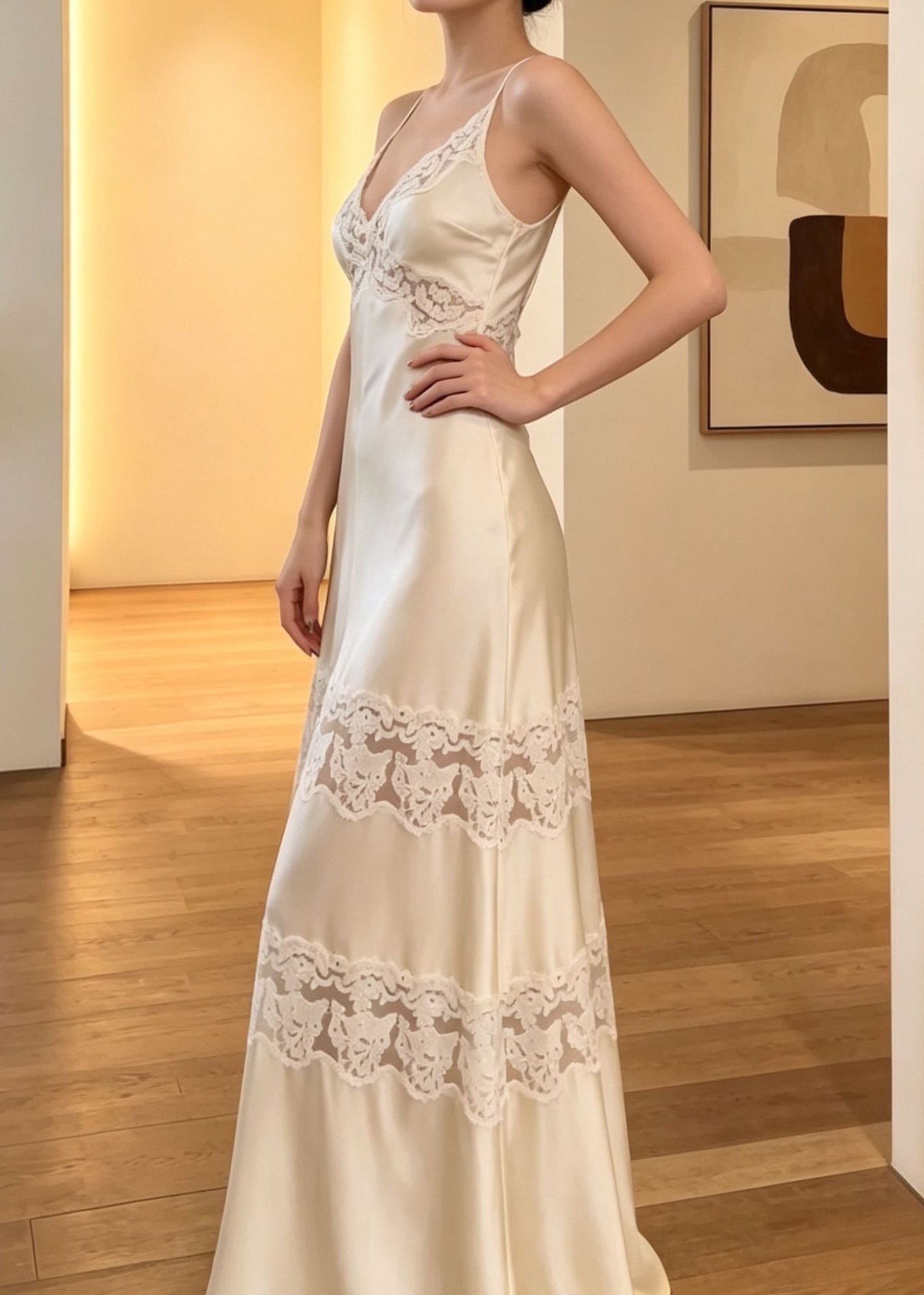 Hameed Spaghetti Satin Lace Maxi Dress