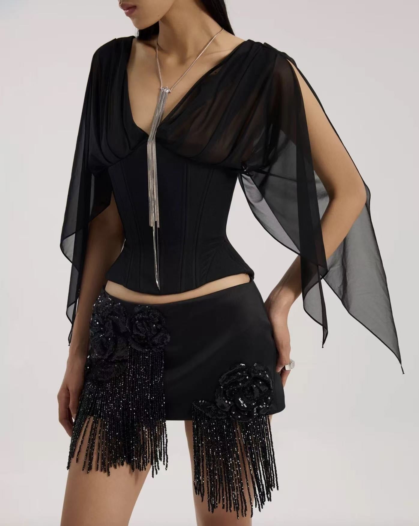 Hermanni Plunge Mesh Corset Top In Black