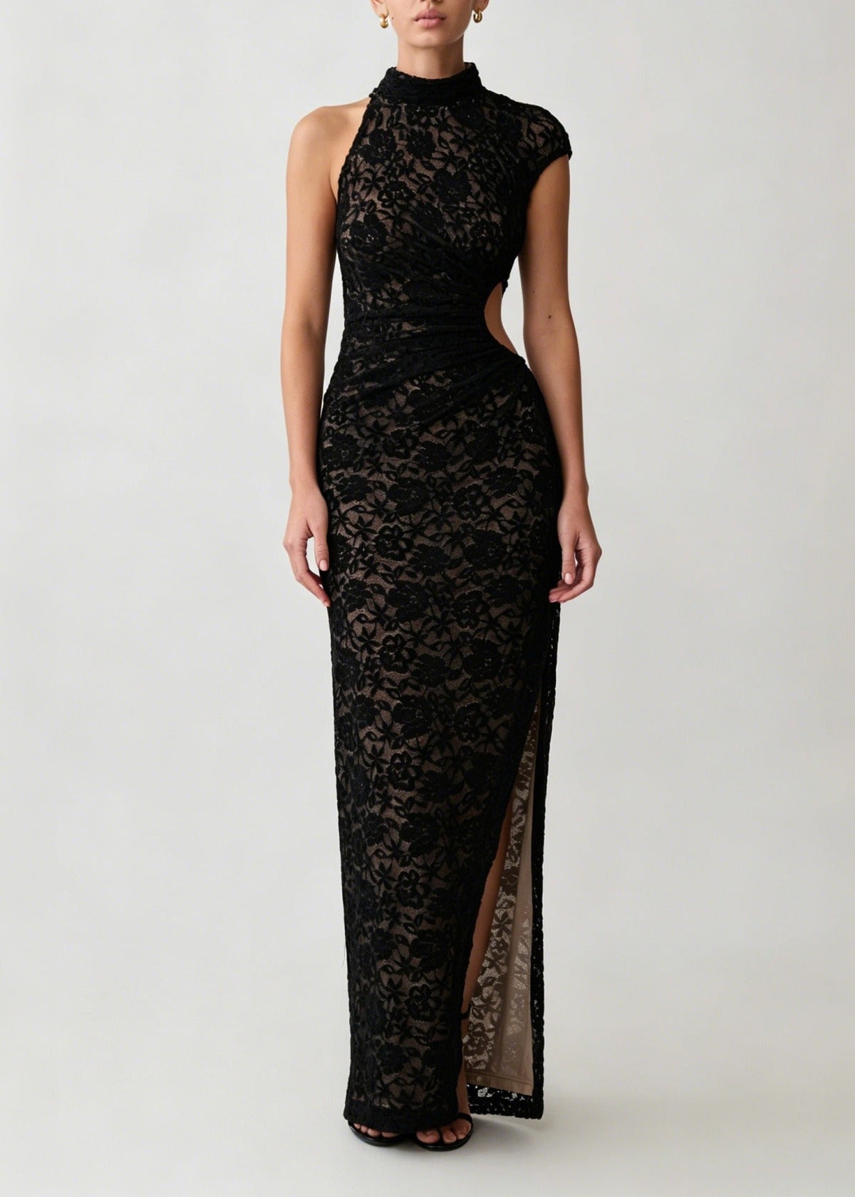 Kitra Asymmetric Cutout Lace Maxi Dress