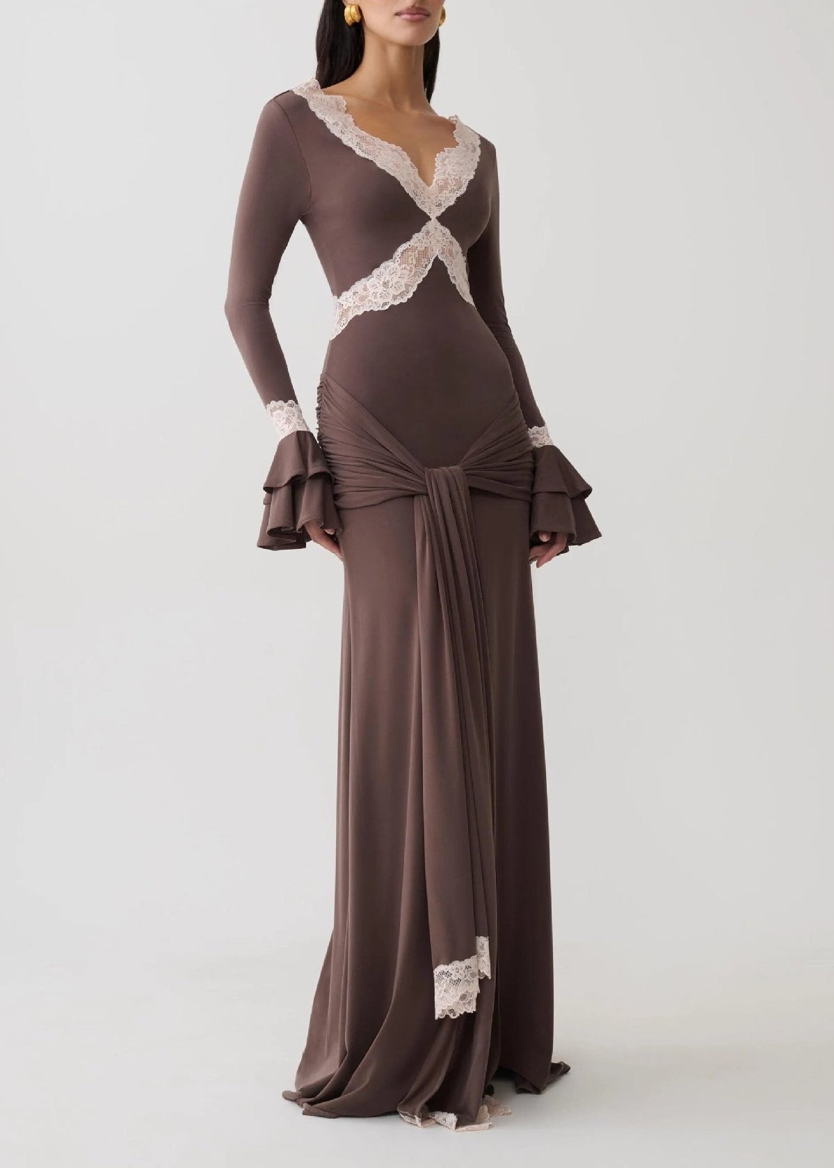 Kerryn V Neck Lace Tie Up Maxi Dress