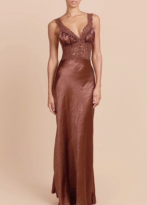 Firouz Plunge Lace Satin Maxi Dress