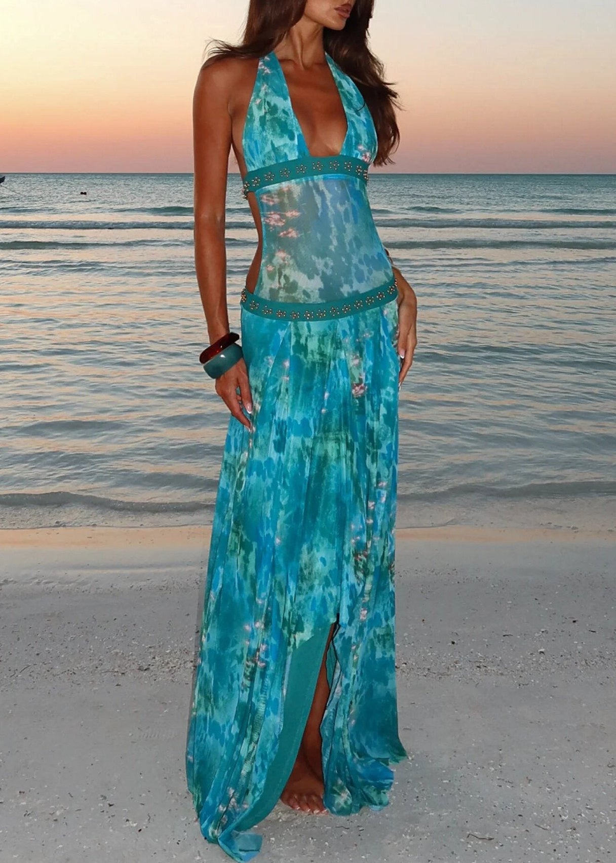 Hadiya Halter Neck Leopard Maxi Dress In Blue