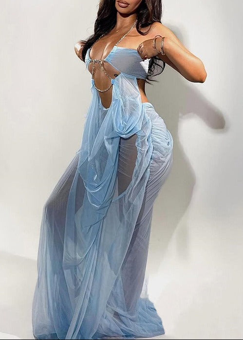 Emilia Plunge Chain Asymmetric Maxi Dress In Blue