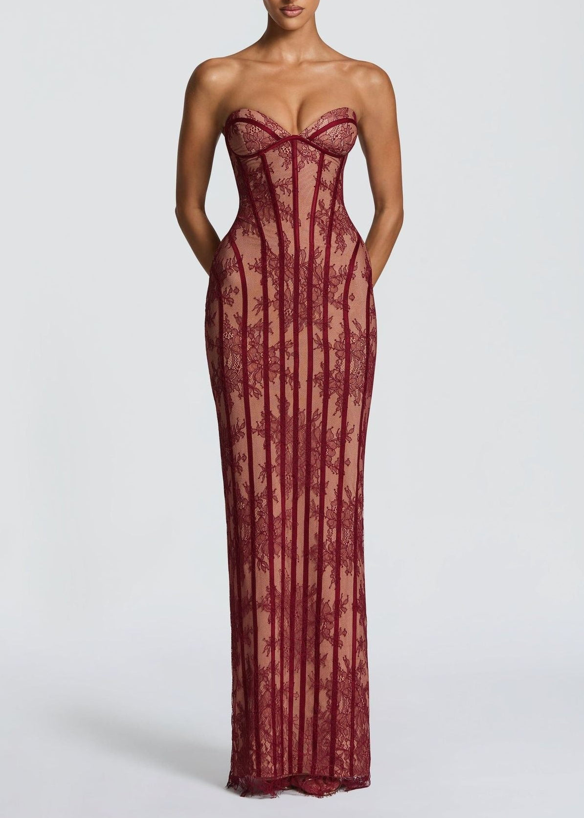 Haakon Strapless Lace Bodycon Maxi Dress In Red