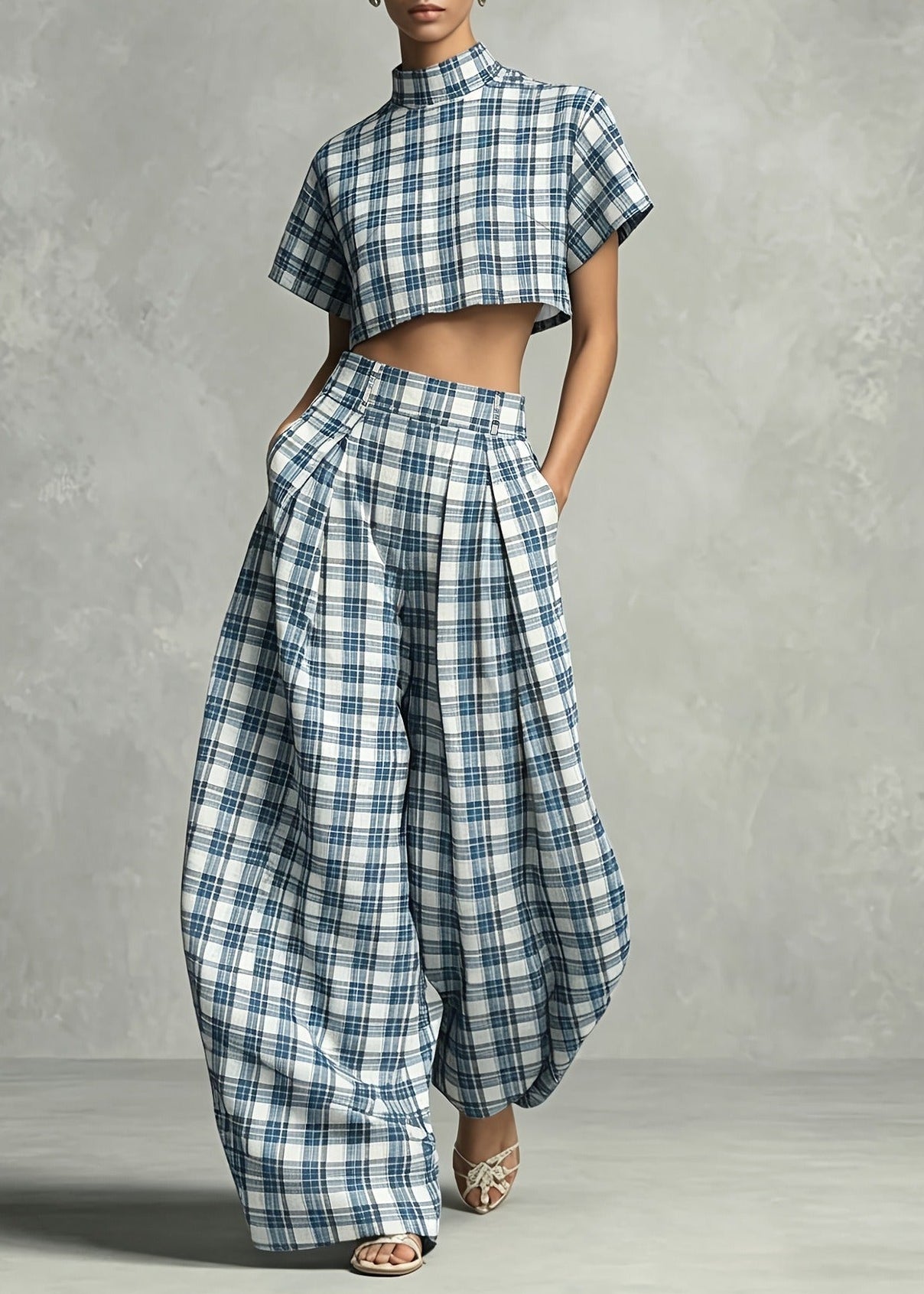 Herlequin Plaid Crop Baggy Pants Set
