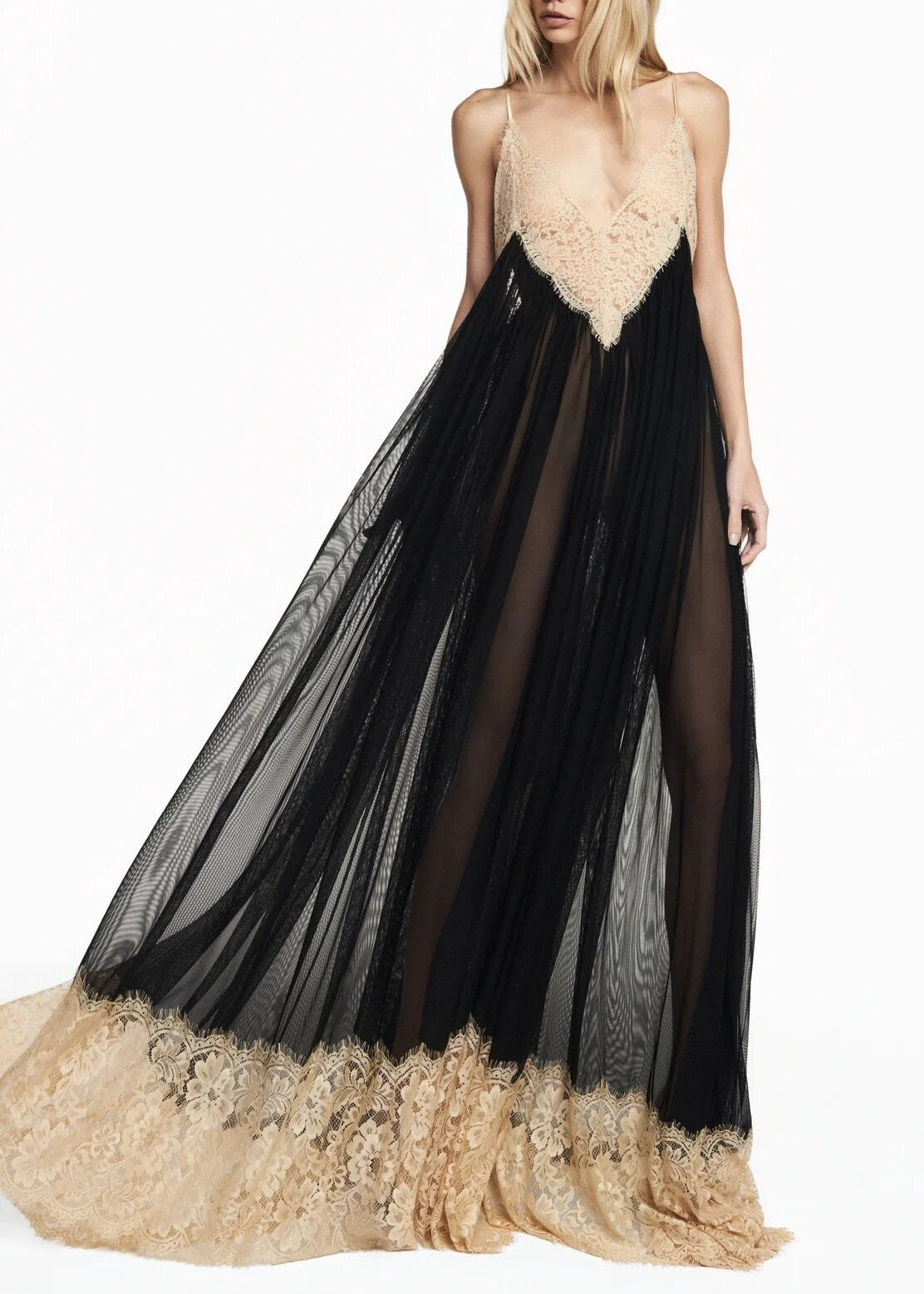 Izem Spaghetti Lace Mesh Maxi Dress
