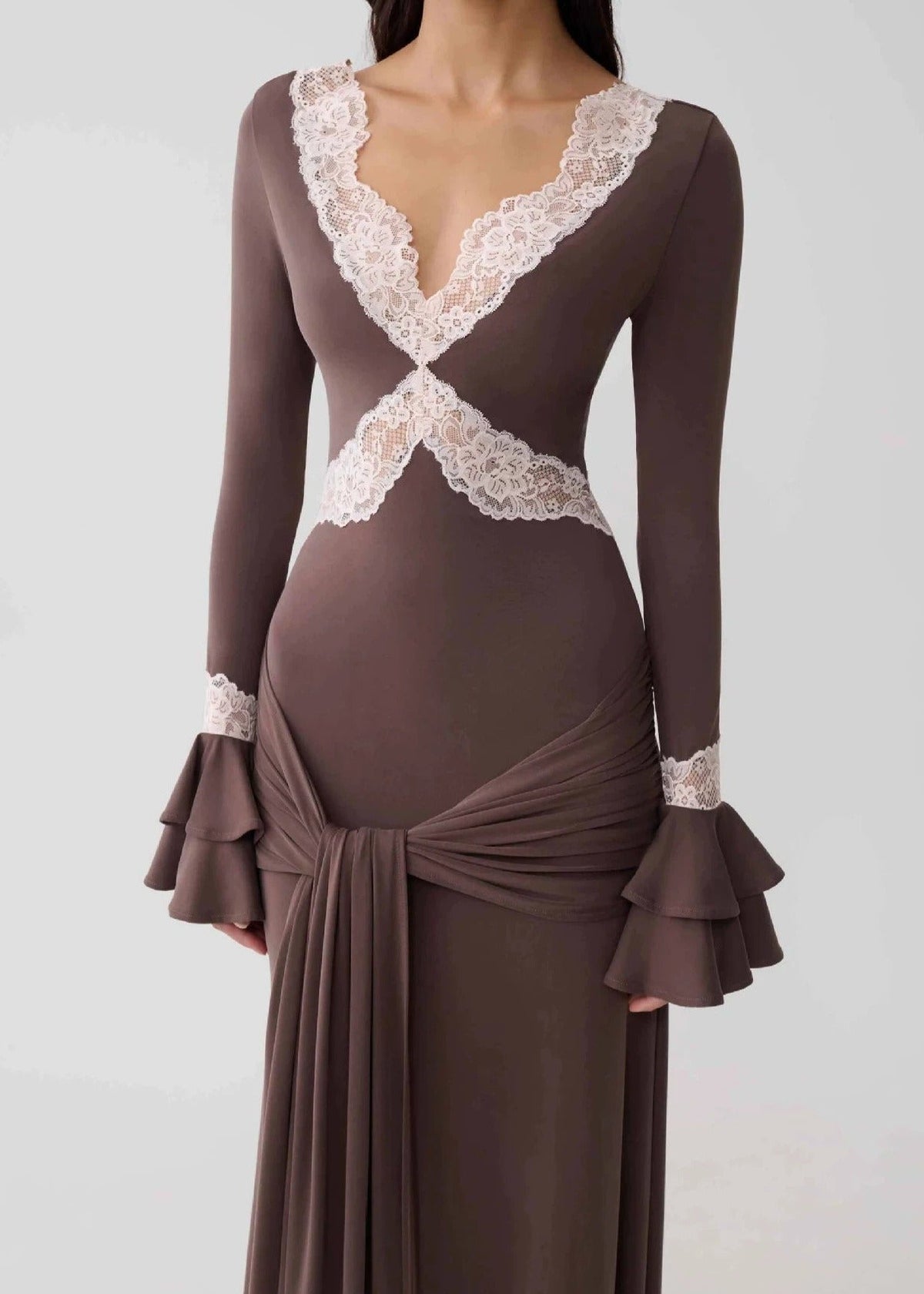 Kerryn V Neck Lace Tie Up Maxi Dress