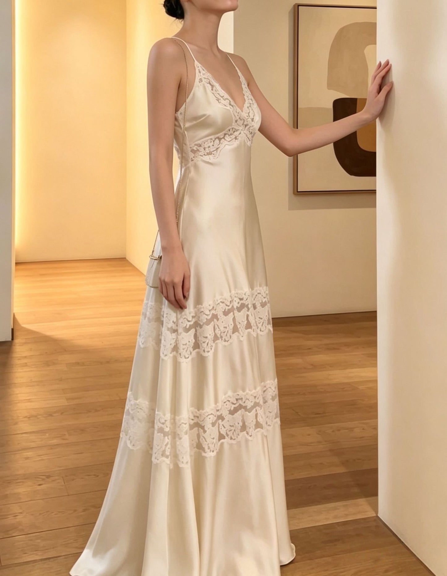 Hameed Spaghetti Satin Lace Maxi Dress