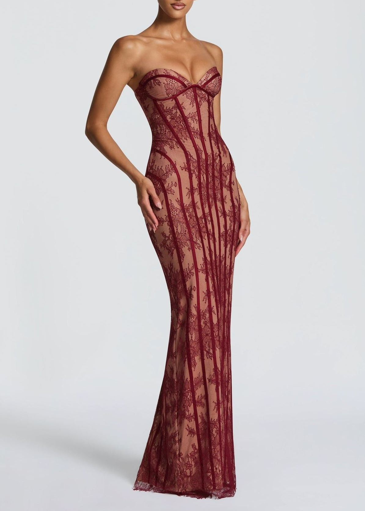 Haakon Strapless Lace Bodycon Maxi Dress In Red