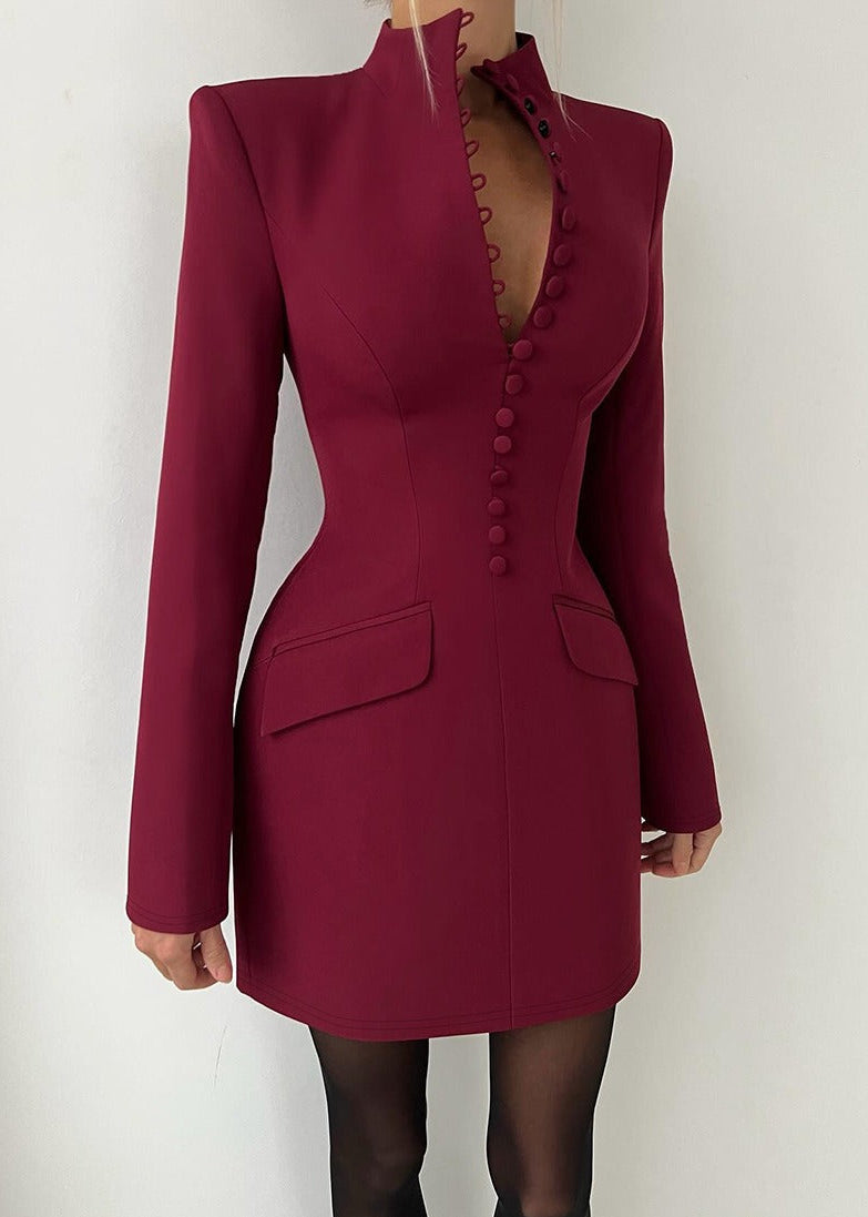 Erramun Long Sleeve Button Mini Dress In Wine