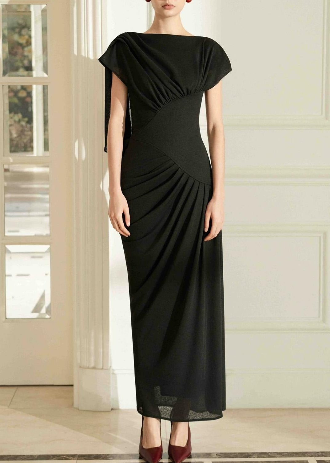 Kavita Draped Mesh Maxi Dress In Black
