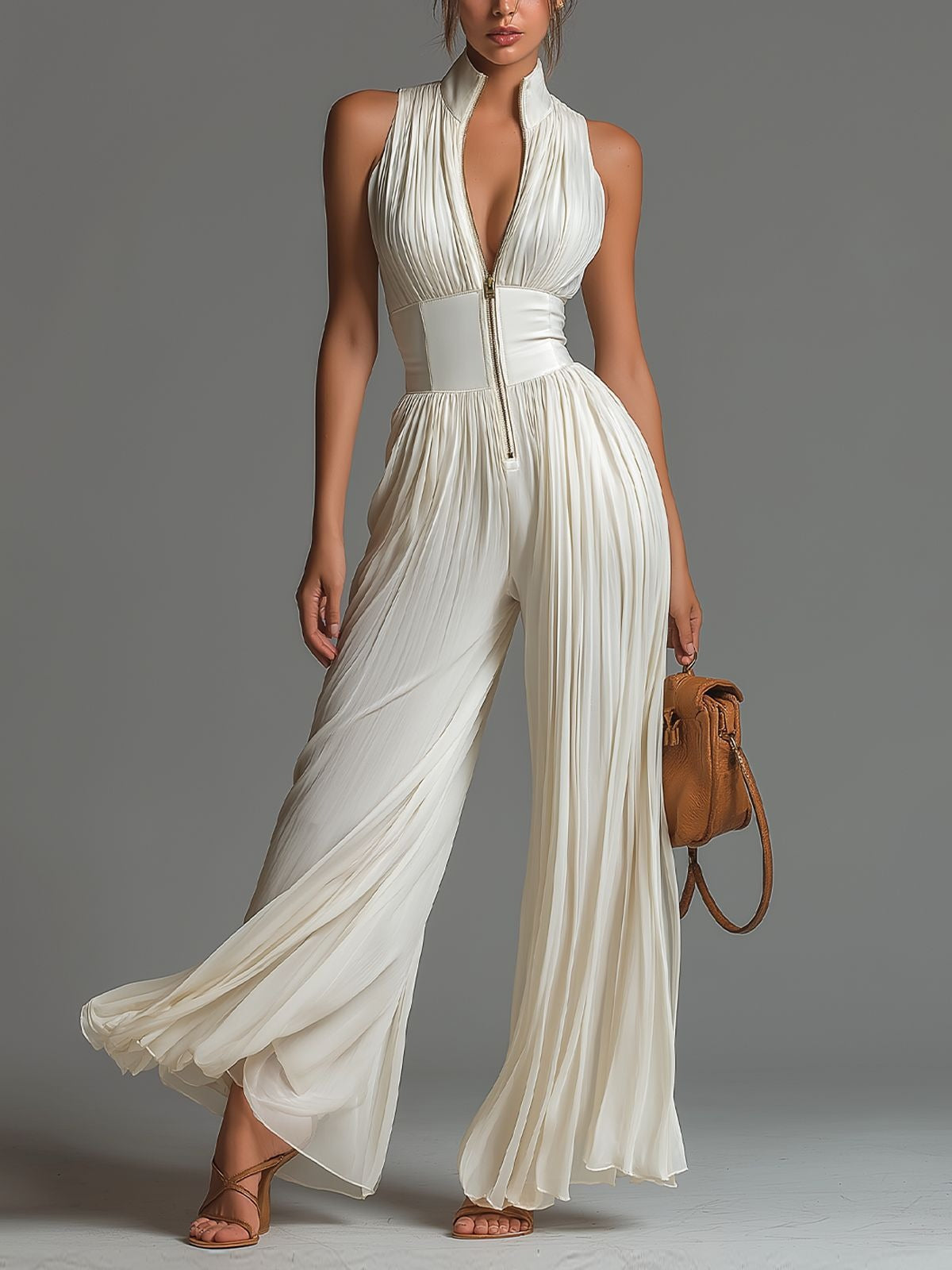 Kahale Zipper Ruch Jumpsuit In White