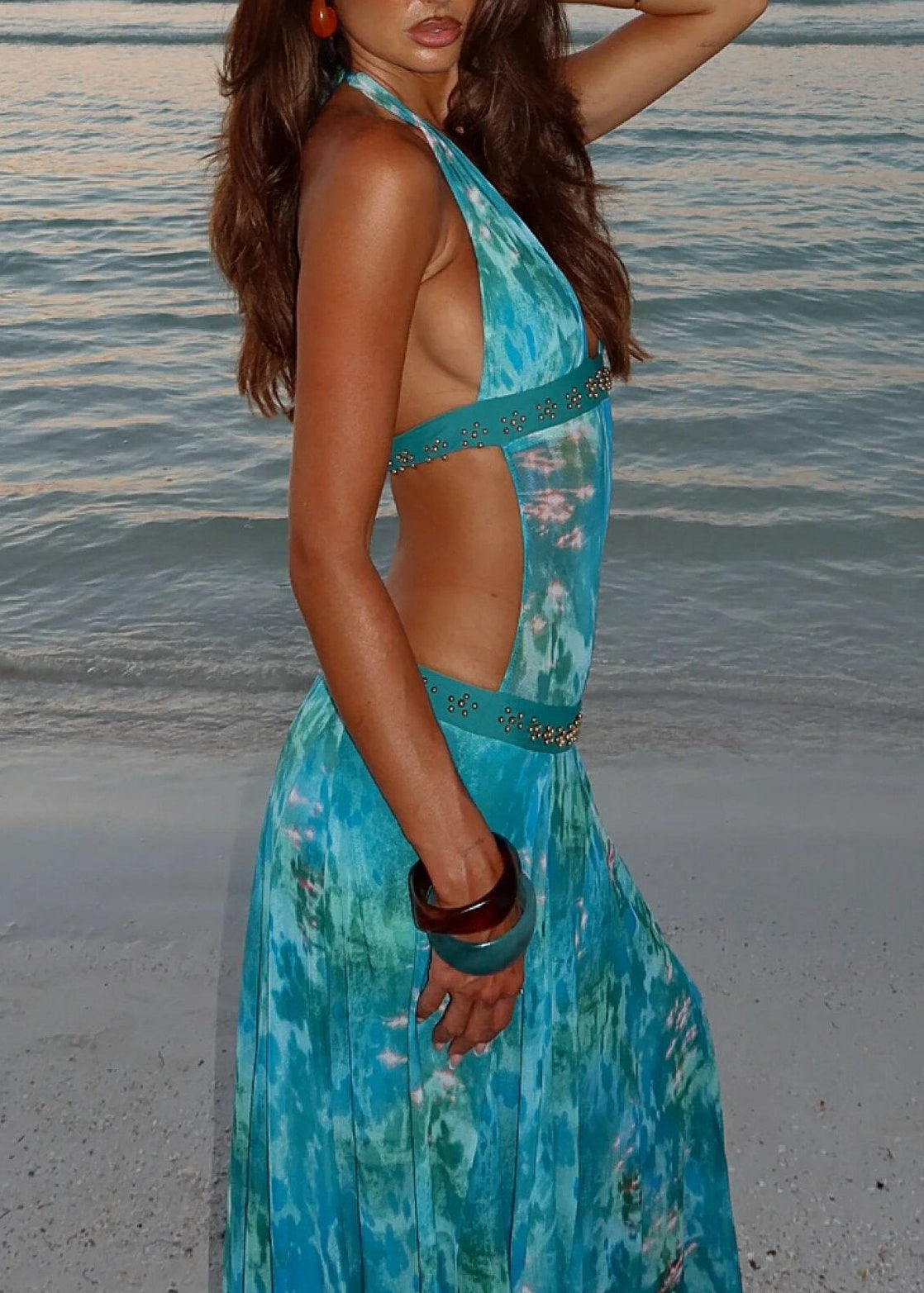 Hadiya Halter Neck Leopard Maxi Dress In Blue