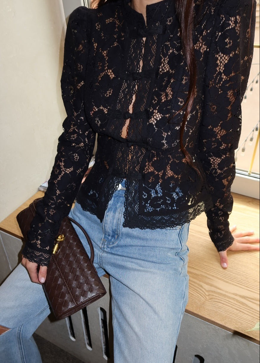Fiete Long Sleeve Lace Top In Black