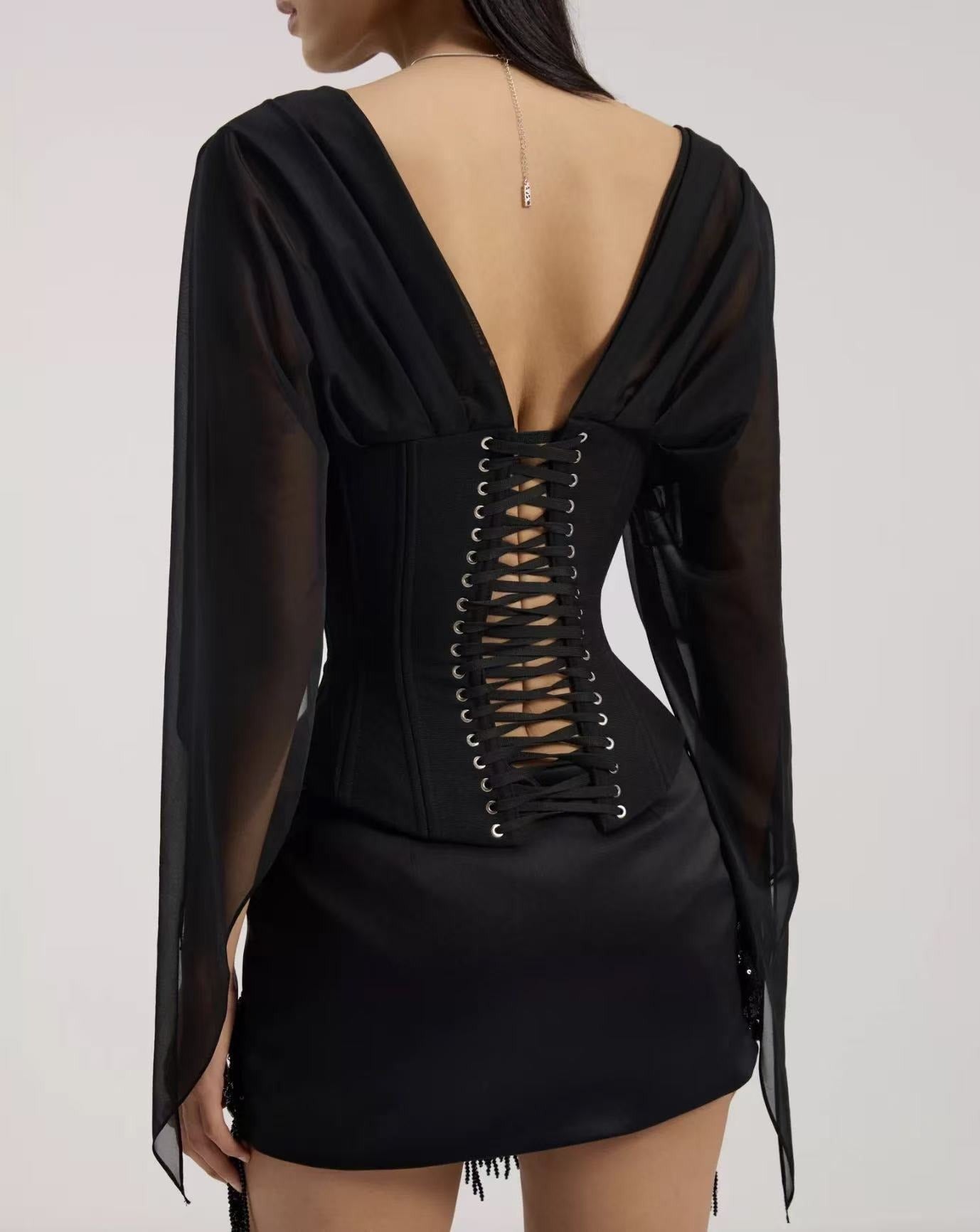 Hermanni Plunge Mesh Corset Top In Black