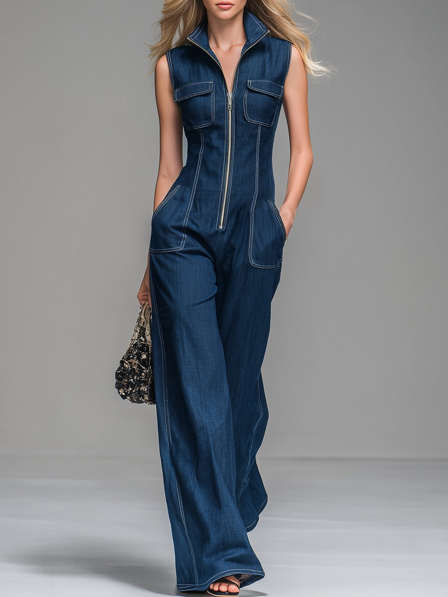 Damira Denim Zip Sleeveless Jumpsuit