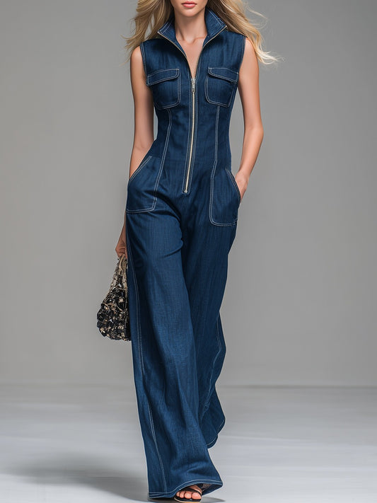 Damira Denim Zip Sleeveless Jumpsuit