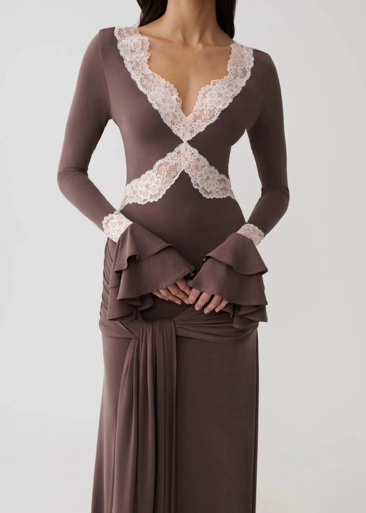Kerryn V Neck Lace Tie Up Maxi Dress