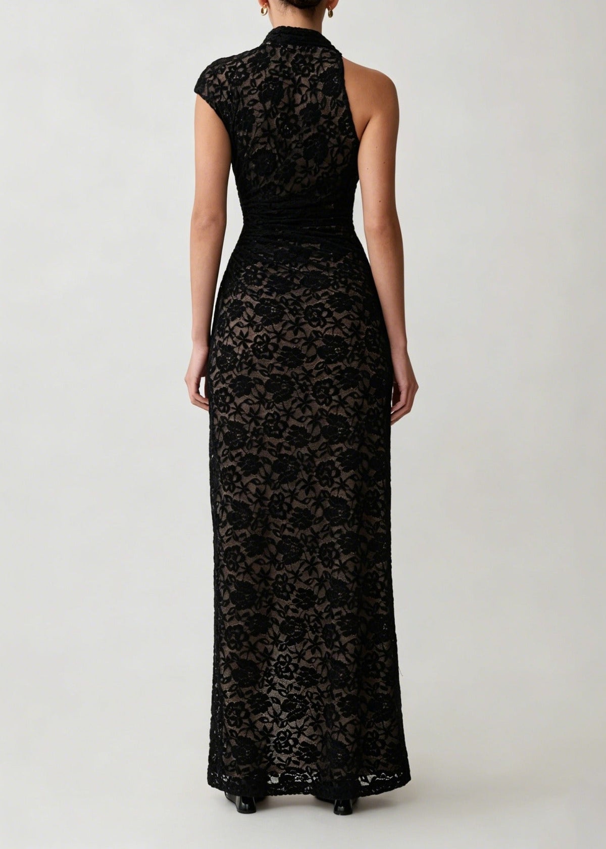Kitra Asymmetric Cutout Lace Maxi Dress