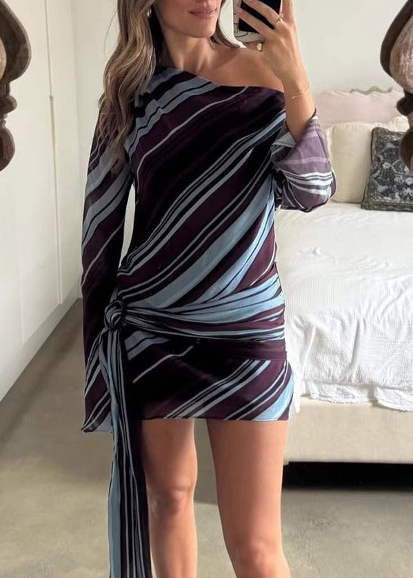 Kavin One Shoulder Stripe Mini Dress In Brown